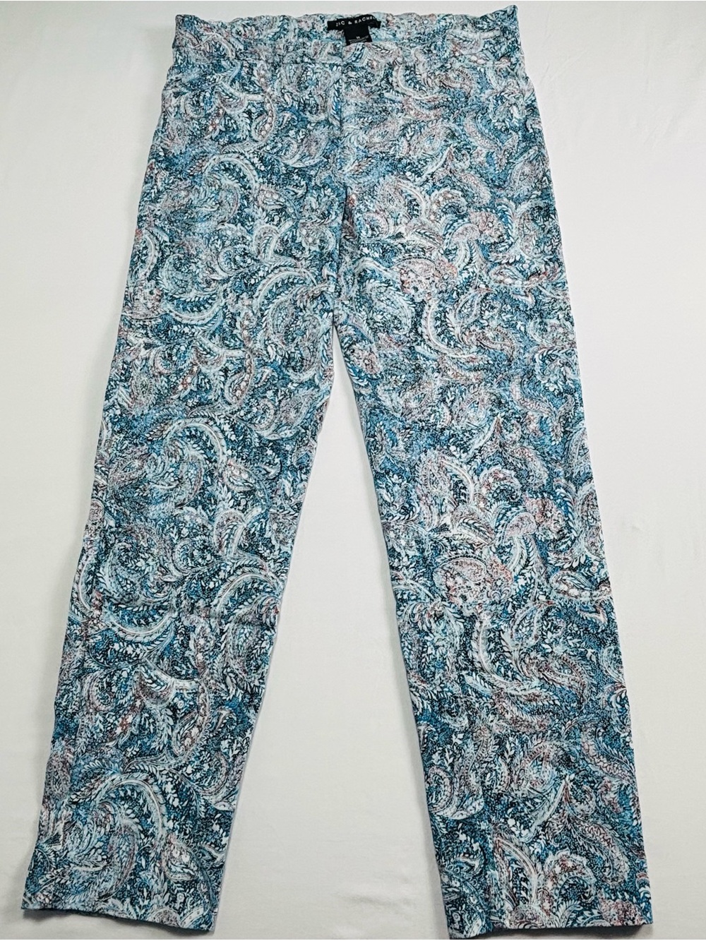 Paisley Print Straight-Leg Pants - Teal & White